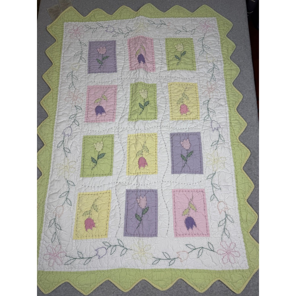 Vintage Pottery Barn Kids Tulip Garden Embroidered Crib Toddler Quilt Pastel